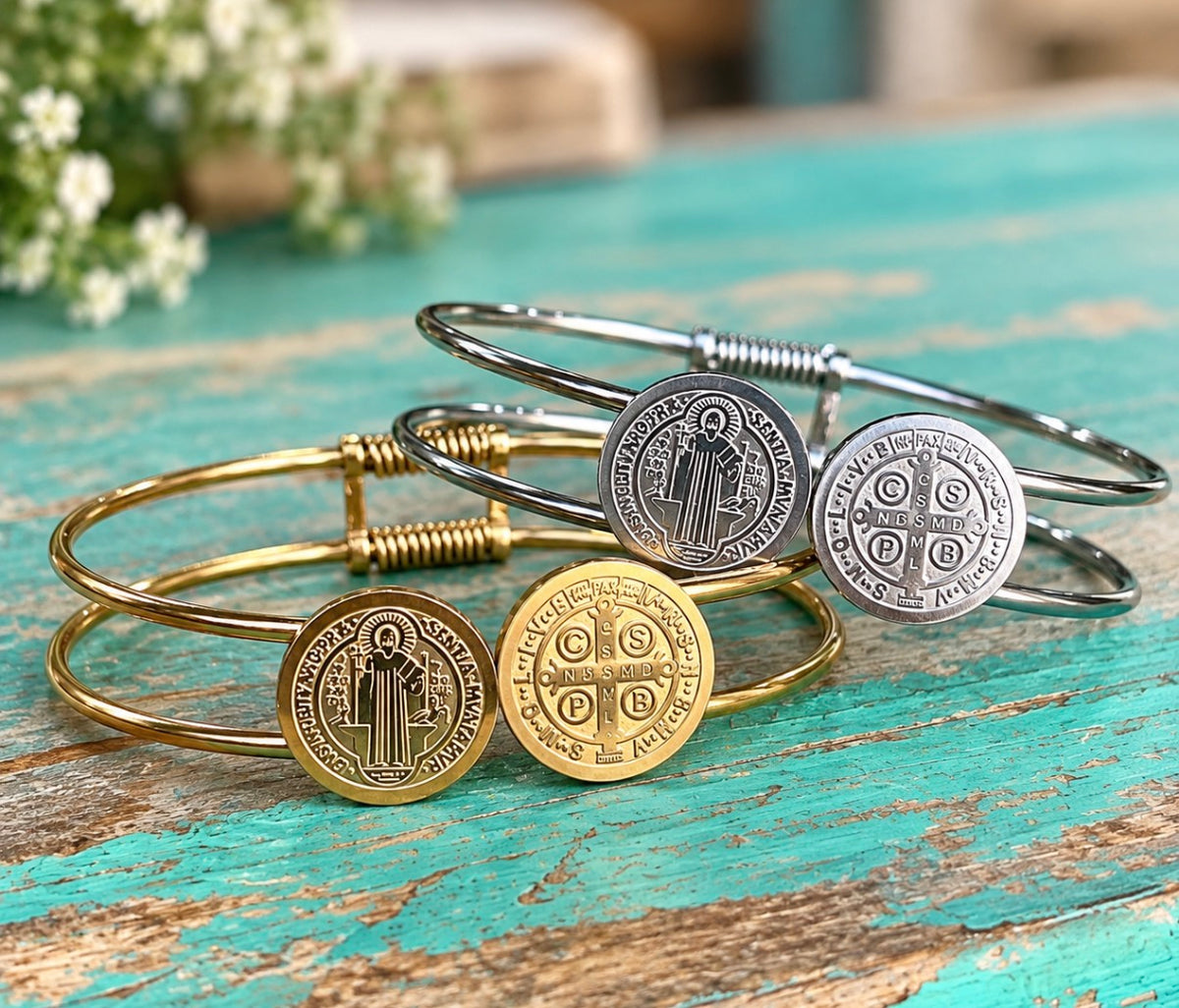 Stainless Steel St Benedict Bangle Bracelet: Silver or Gold