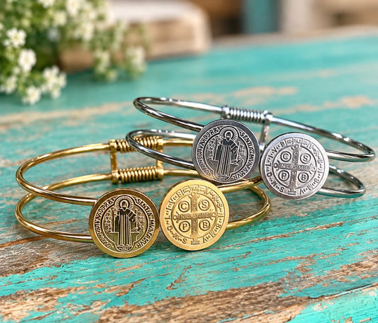 Stainless Steel St Benedict Bangle Bracelet: Silver or Gold