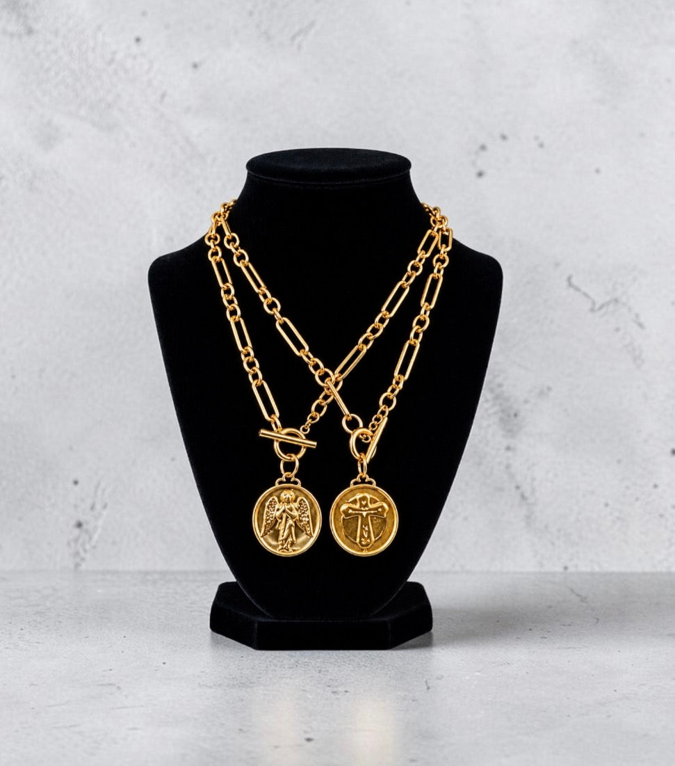 Matte Gold Guardian Angel/Cross Reversible Necklace