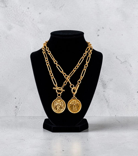 Matte Gold Guardian Angel/Cross Reversible Necklace
