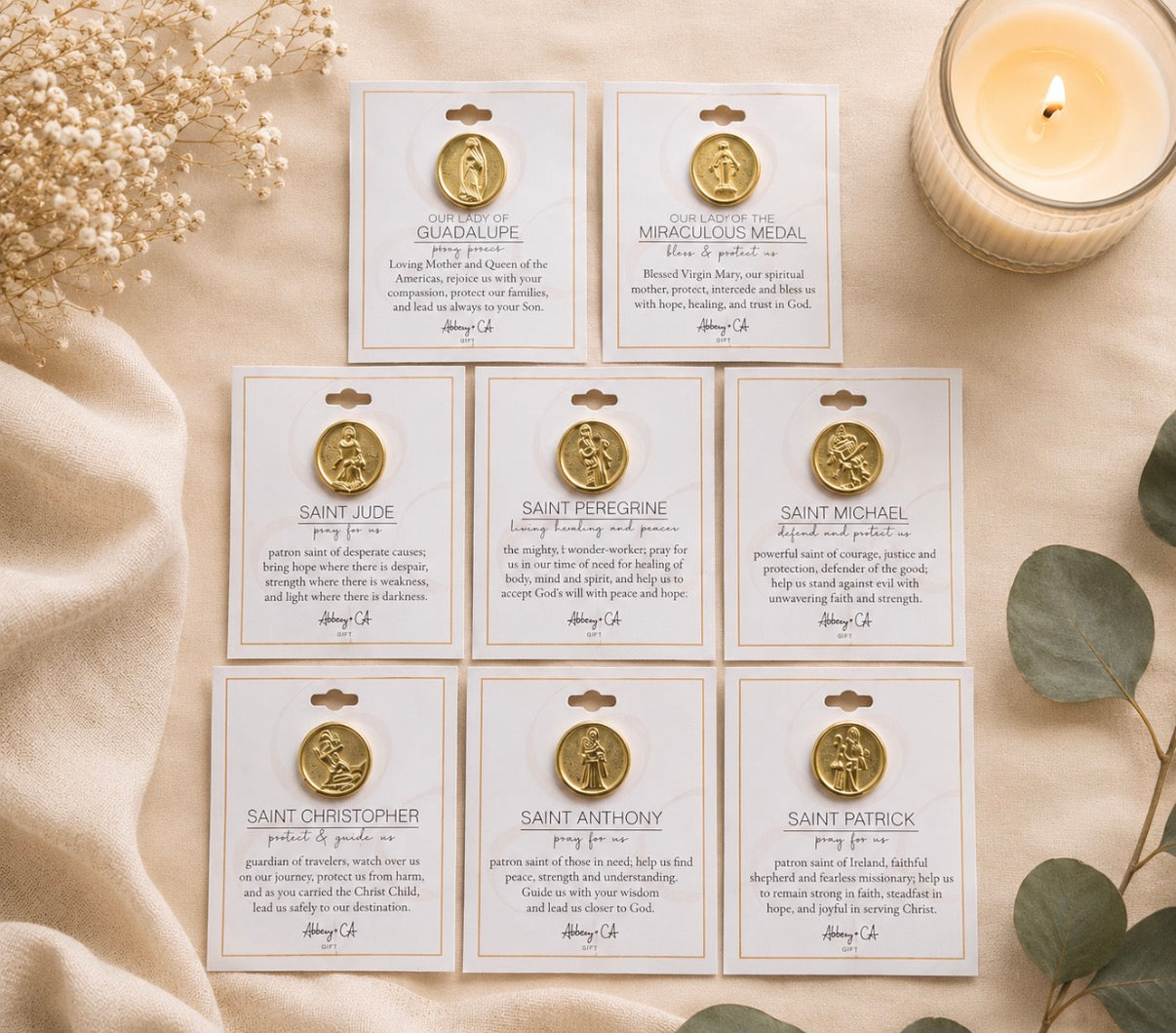 Saints Lapel Pins (Our Lady of the Miraculous Medal, Our Lady of Guadalupe, St Peregrine, St Patrick, St Michael, St Jude, St Christopher, St Anthony)