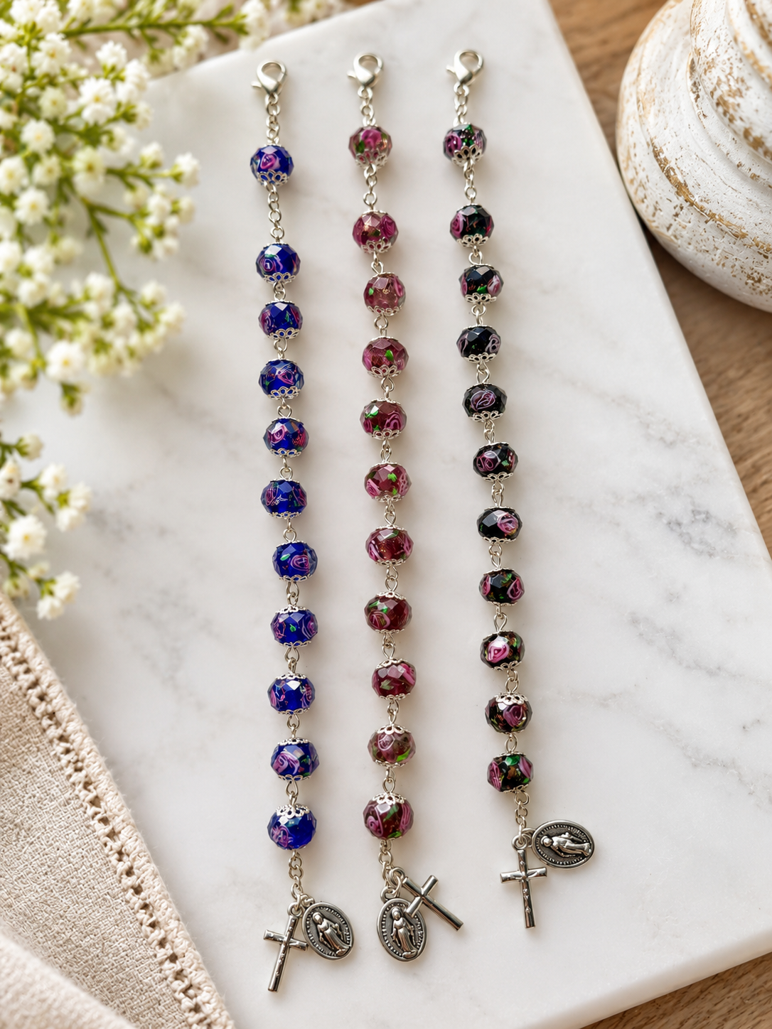 Murano Glass Rosary Bracelet - Sapphire, Amethyst, Black