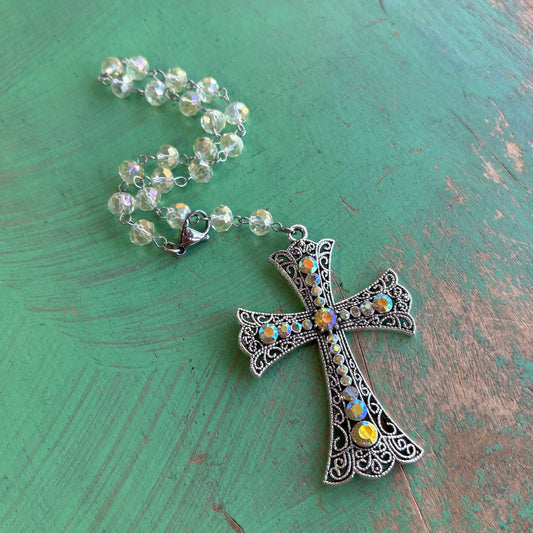 Citrine Glow Jeweled Cross Car Rosary or Purse Blessing
