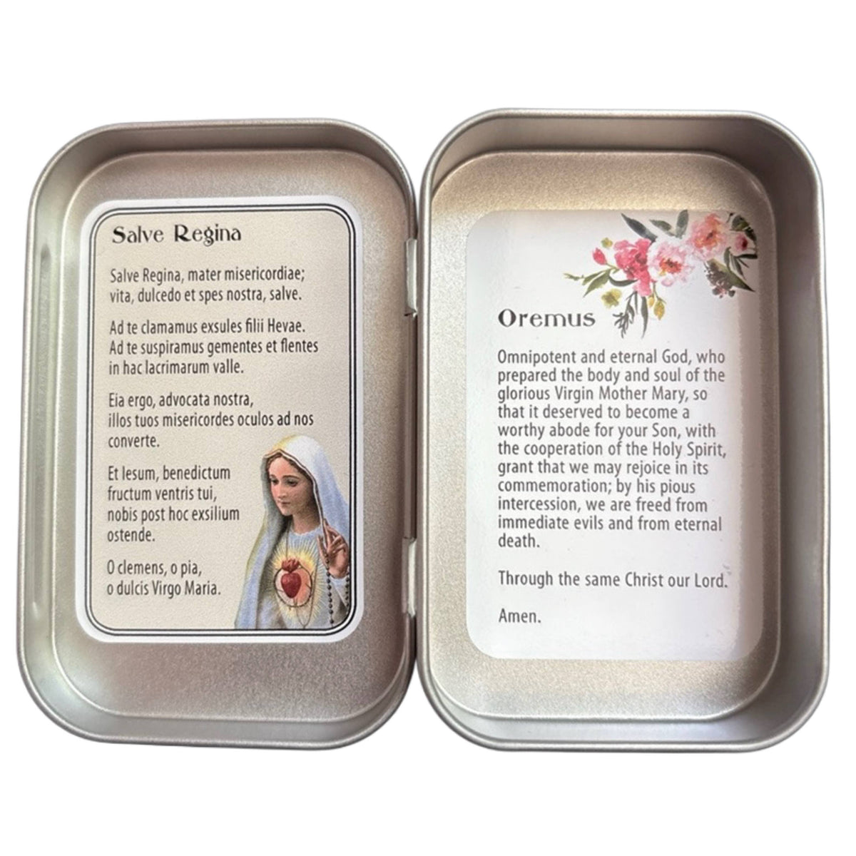 Mary Wooden Rosary in Tin Box with Prayers