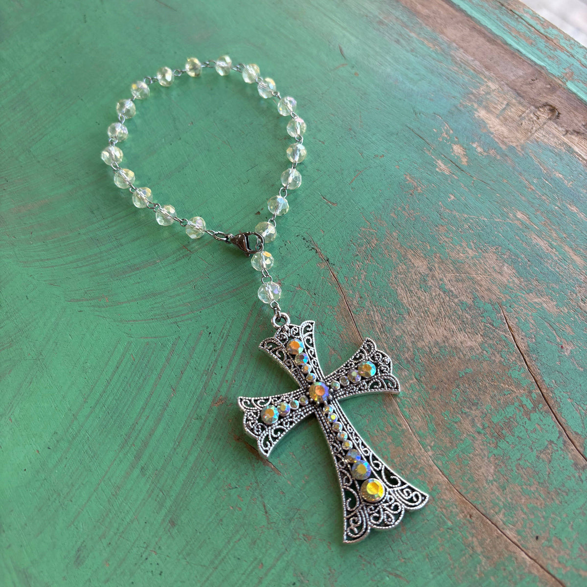 Citrine Glow Jeweled Cross Car Rosary or Purse Blessing