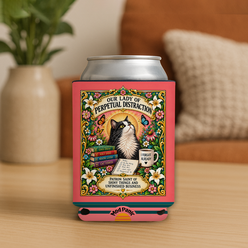 Our Lady Of Perpetual Distraction Cat Prayer Candle Koozie: 4inx5in