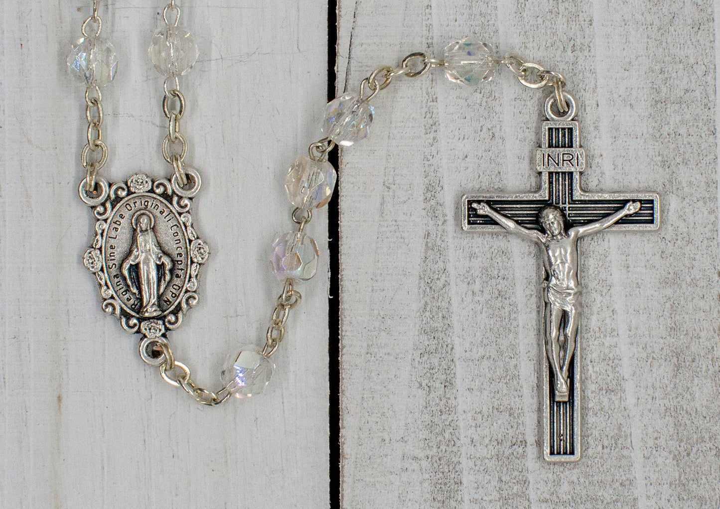 Crystal Clear Rosary Beads with Madonna Centerpiece