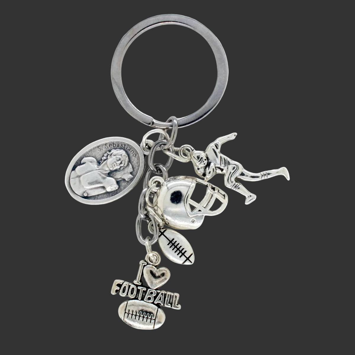 Keychain - "I Love Football" w/ St. Sebastian Medal Charm 3"