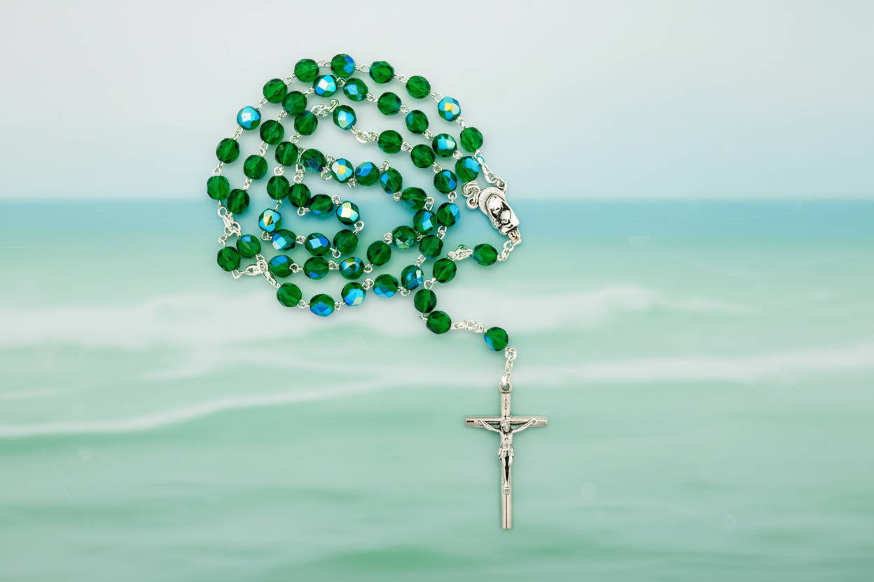 Green Crystal Rosary Beads with Madonna Centerpiece