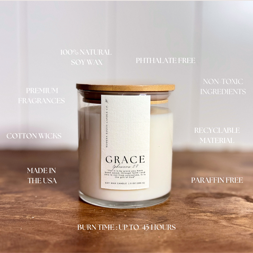 Grace | White Peach Blossom | 9 oz. Clear Jar Soy Candle: Natural Wood Lid