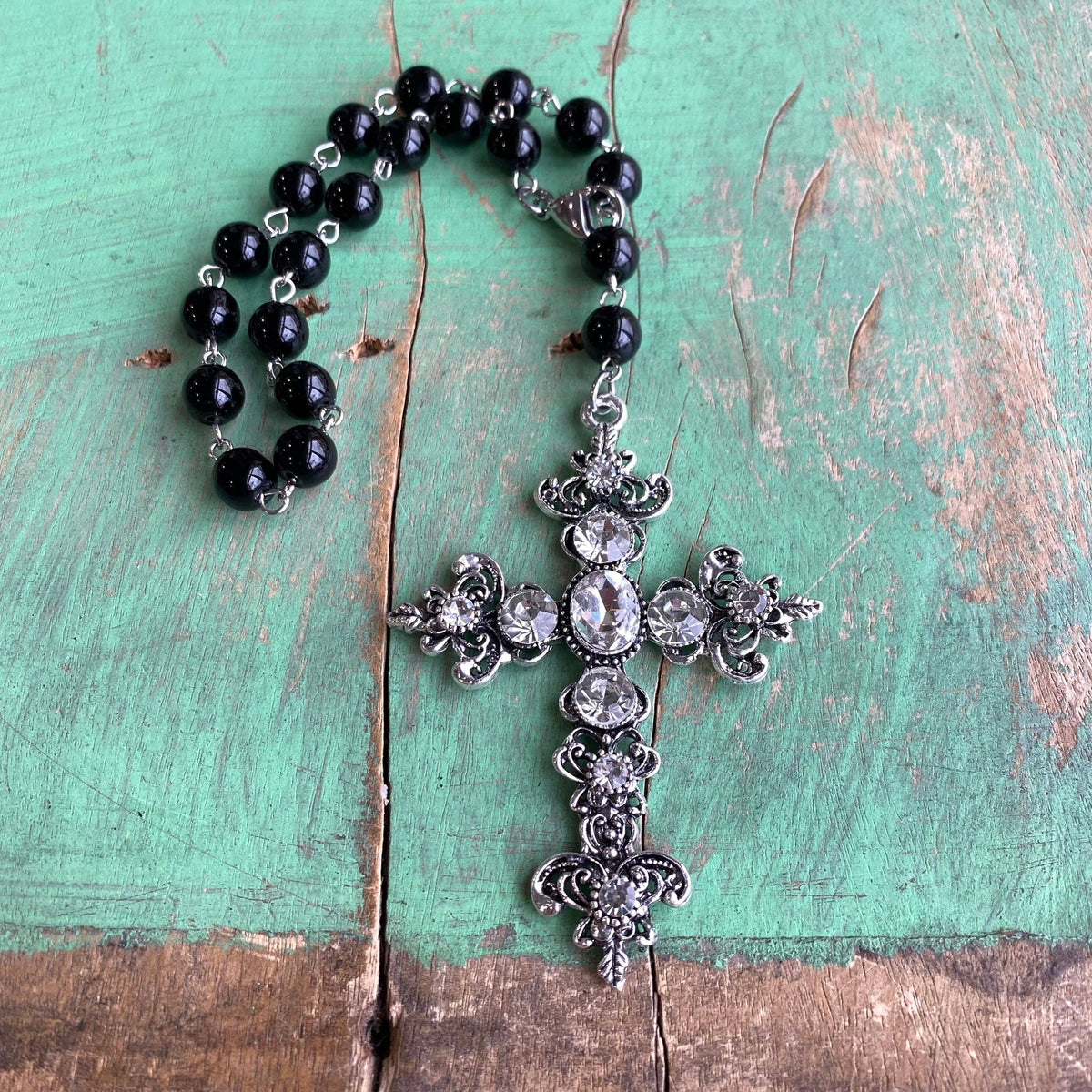 Black and Crystal Cross Car Blessing Rosary