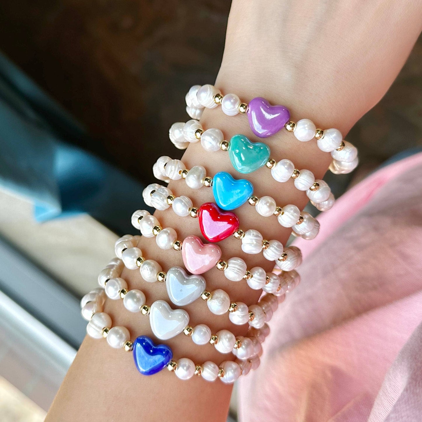 Freshwater Pearl Heart Adjustable Bracelet-18K Gold Plated, Porcelain Heart: Mint Green, Cream or Pink