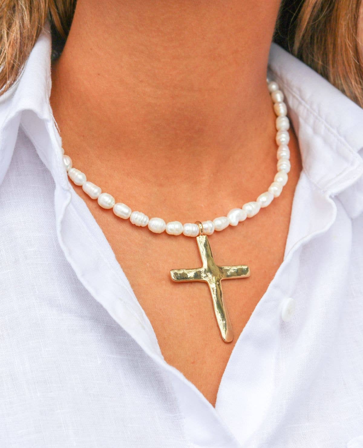Delilah Chunky Gold Cross and Pearl Necklace, faith jewelry