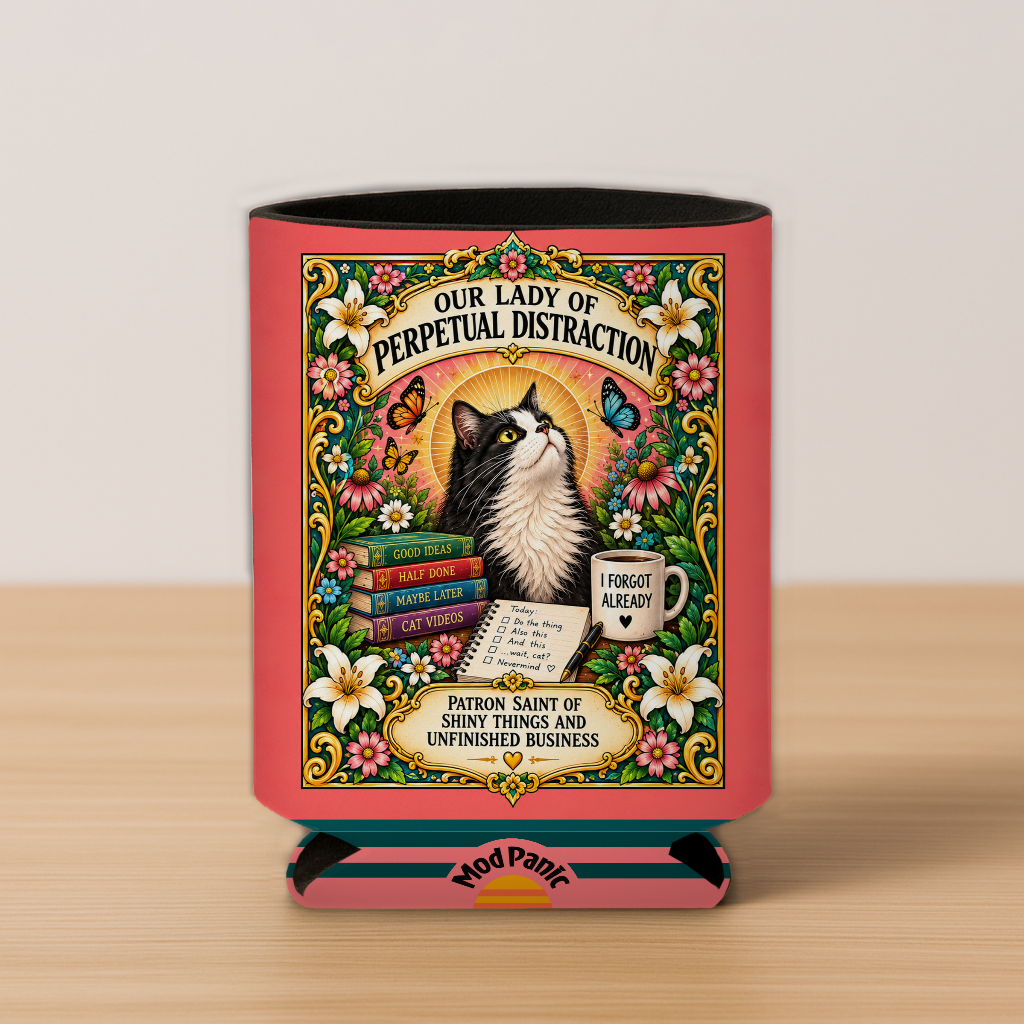 Our Lady Of Perpetual Distraction Cat Prayer Candle Koozie: 4inx5in