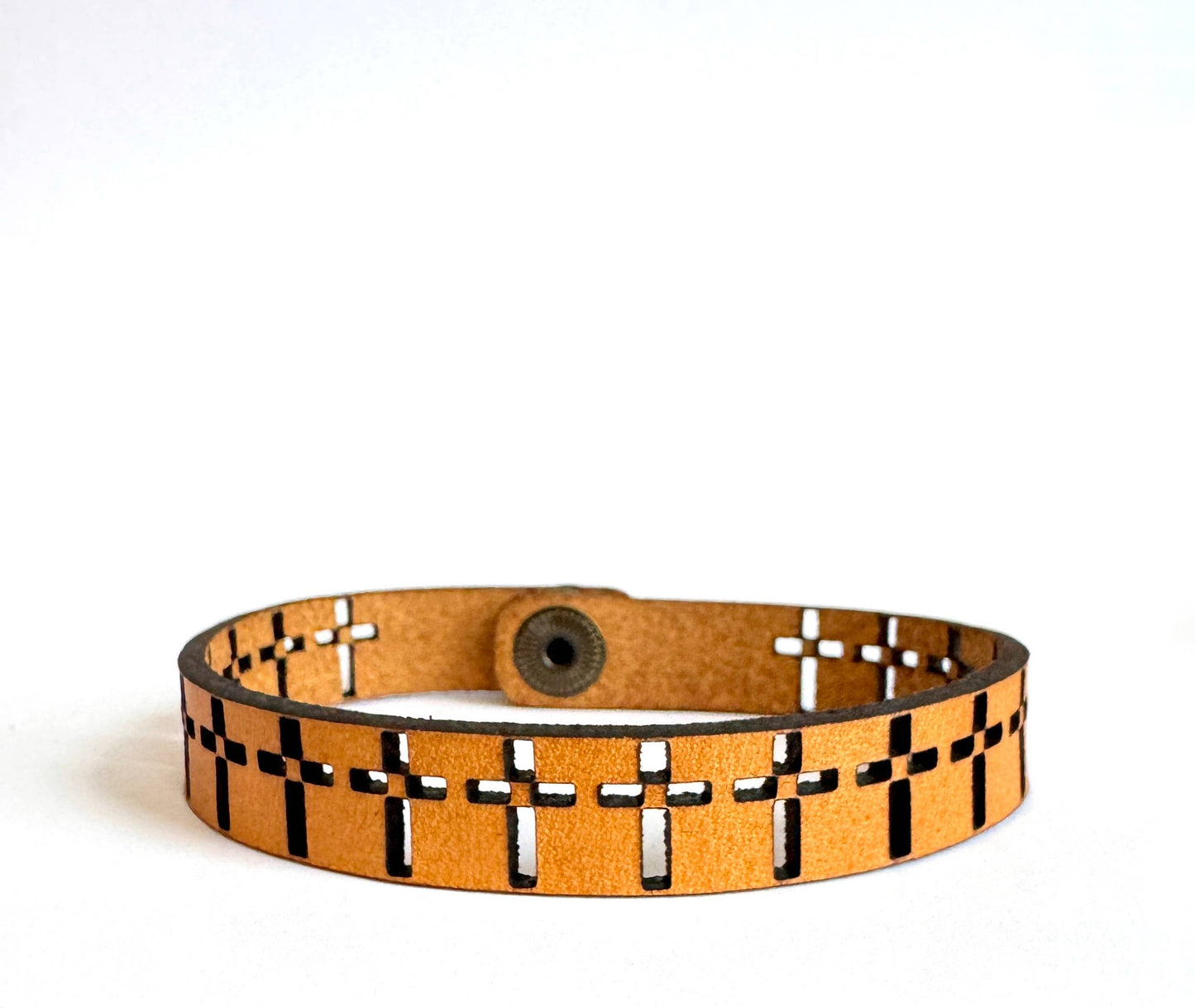 Easter - Single Cross Men's Religious Leather Snap Bracelet Engraved Cuff