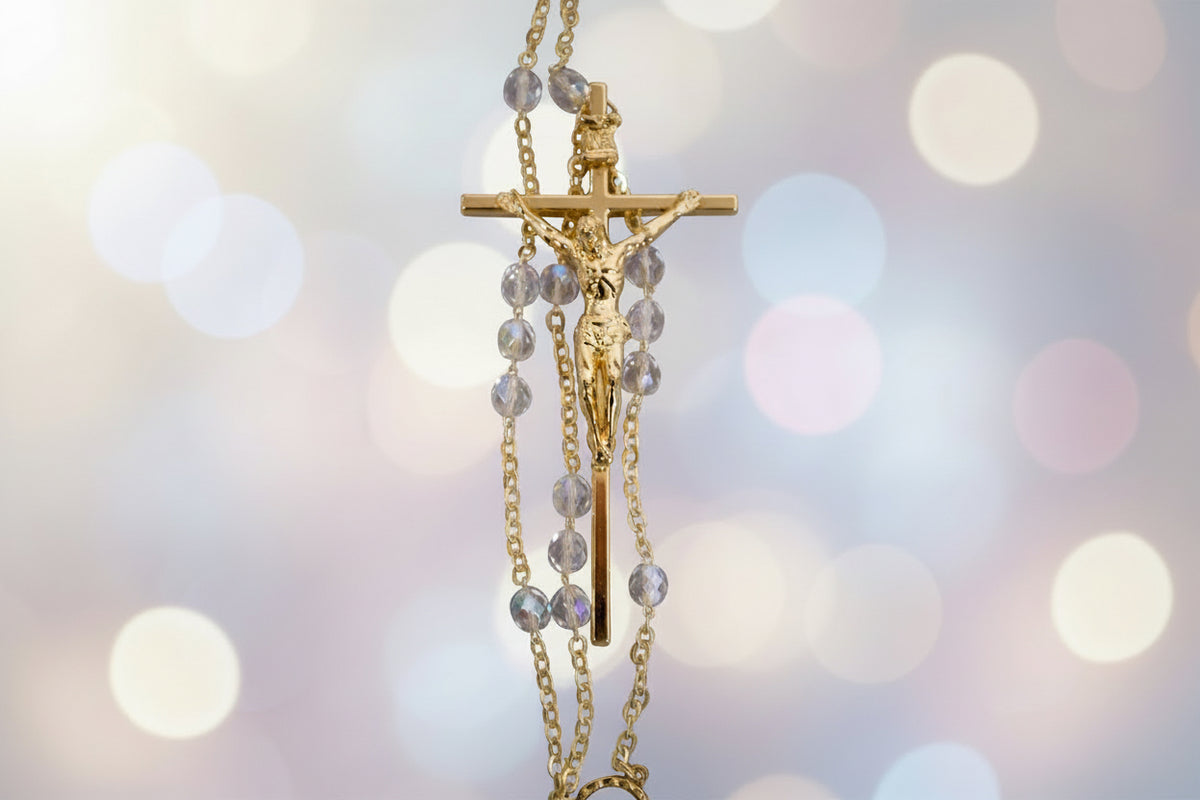 Catholic Crystal Wedding Rosary with Gold-Tone Accents