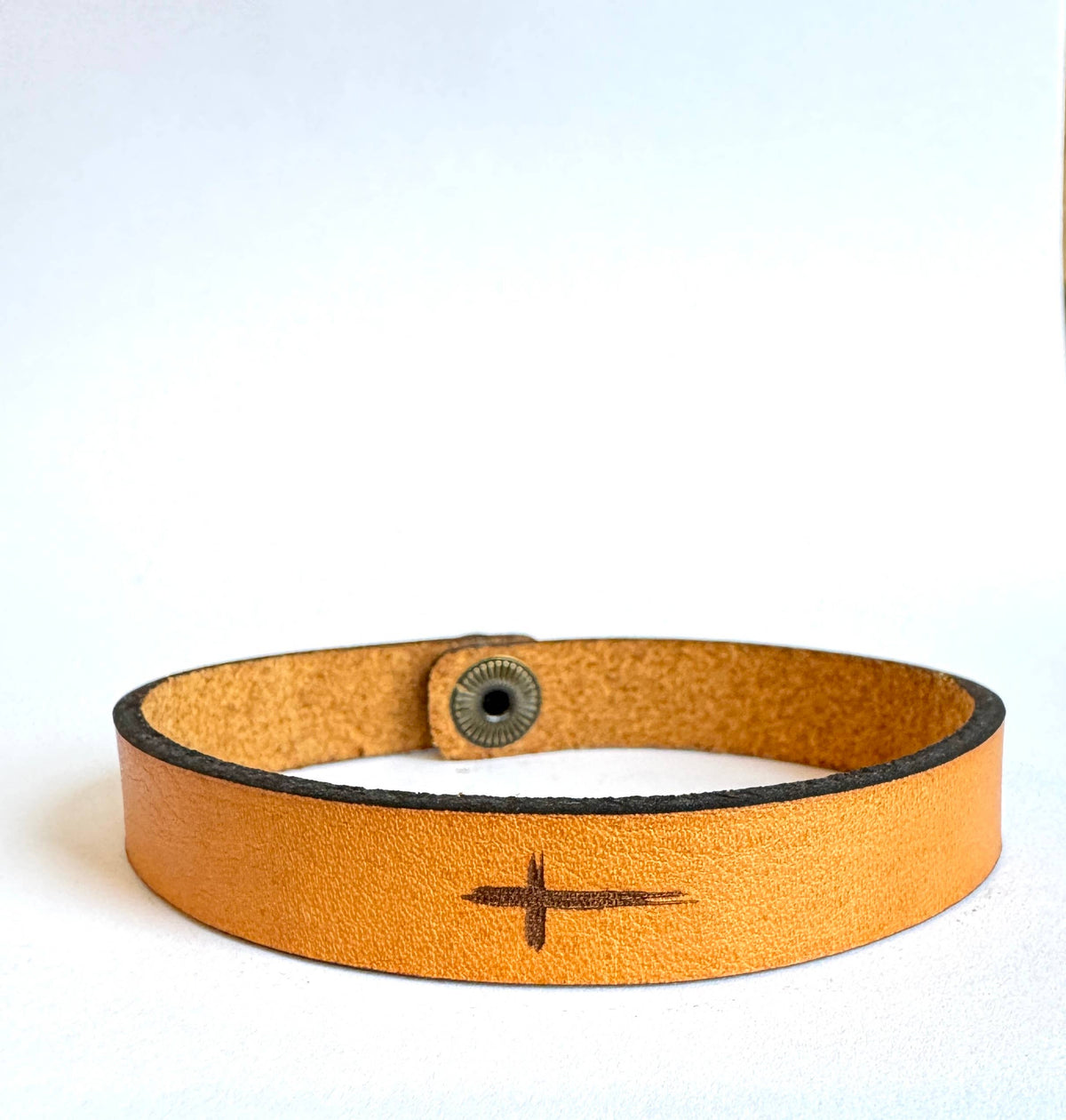 Easter - Single Cross Men's Religious Leather Snap Bracelet Engraved Cuff