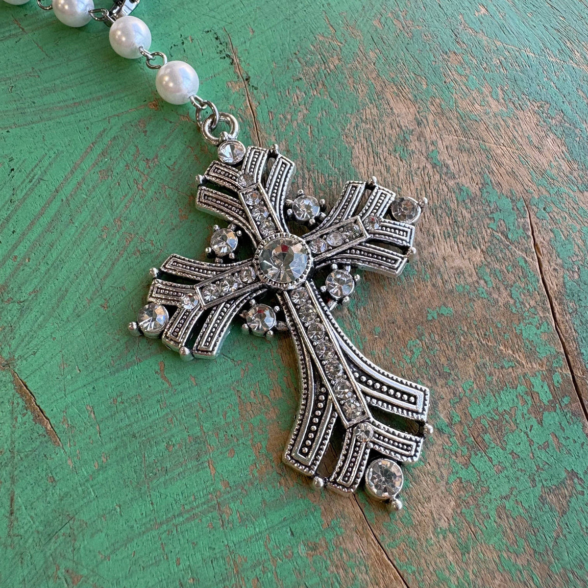 Victorian Inspired Jeweled Cross Glass Pearl Car Blessing/Car Rosary