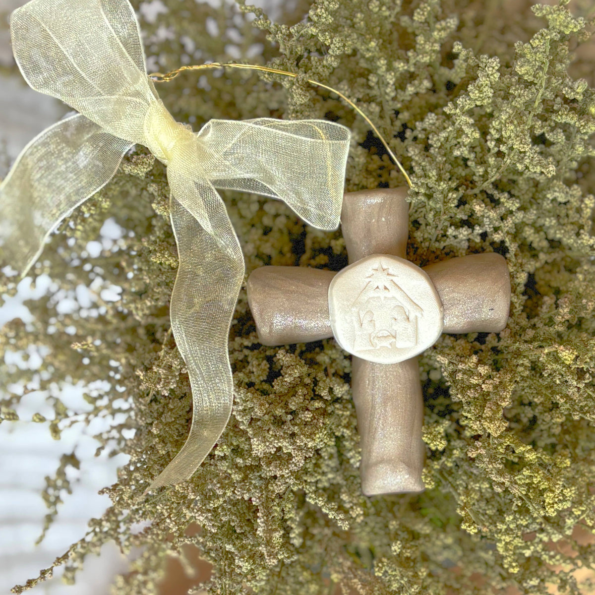 Nativity Prayer Cross Ornament from the Well House