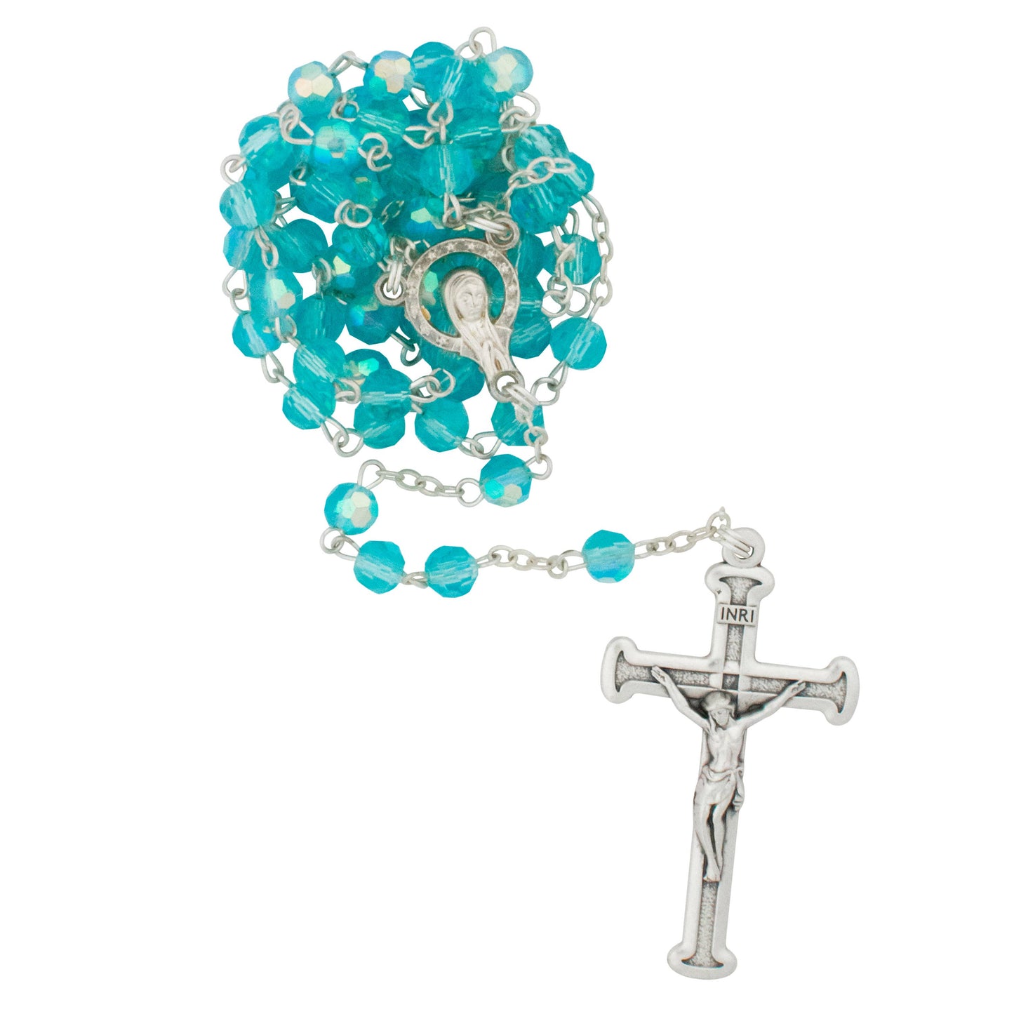 Crystal Rosary Beads with Madonna and Child Center - Aqua