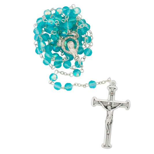 Crystal Rosary Beads with Madonna and Child Center - Aqua