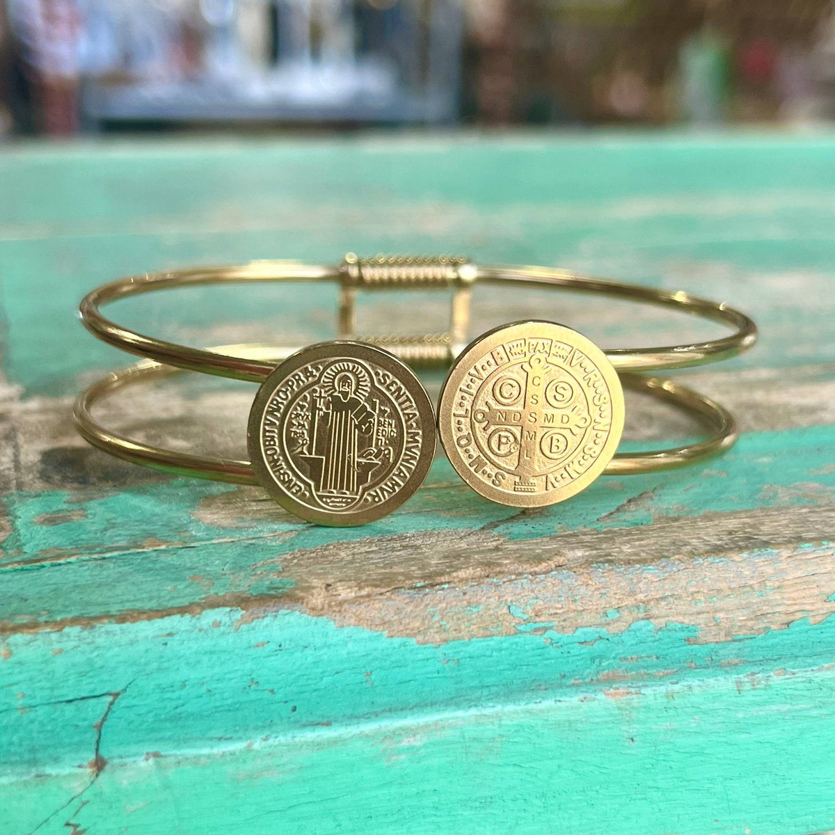 Stainless Steel St Benedict Bangle Bracelet: Silver