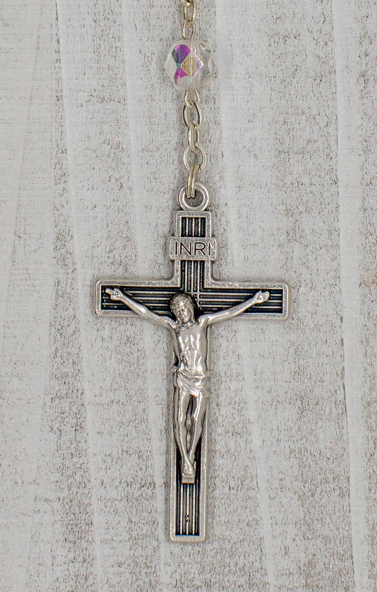 Crystal Clear Rosary Beads with Madonna Centerpiece