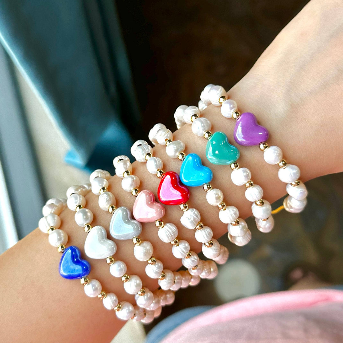 Freshwater Pearl Heart Adjustable Bracelet-18K Gold Plated, Porcelain Heart: Mint Green, Cream or Pink