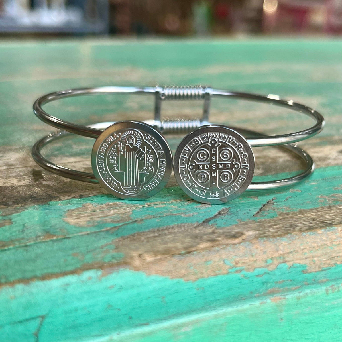 Stainless Steel St Benedict Bangle Bracelet: Silver